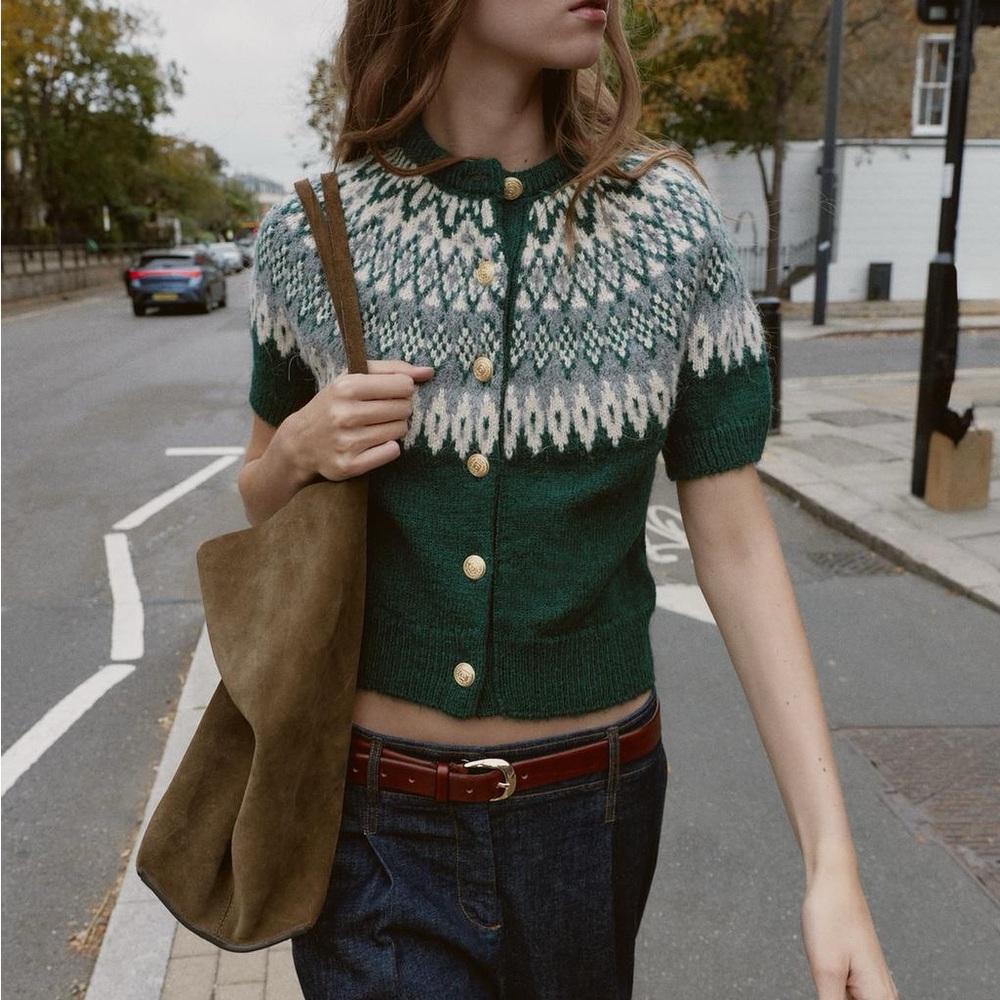 ZARA JACQUARD KNIT SHORT SLEEVE CARDIGAN